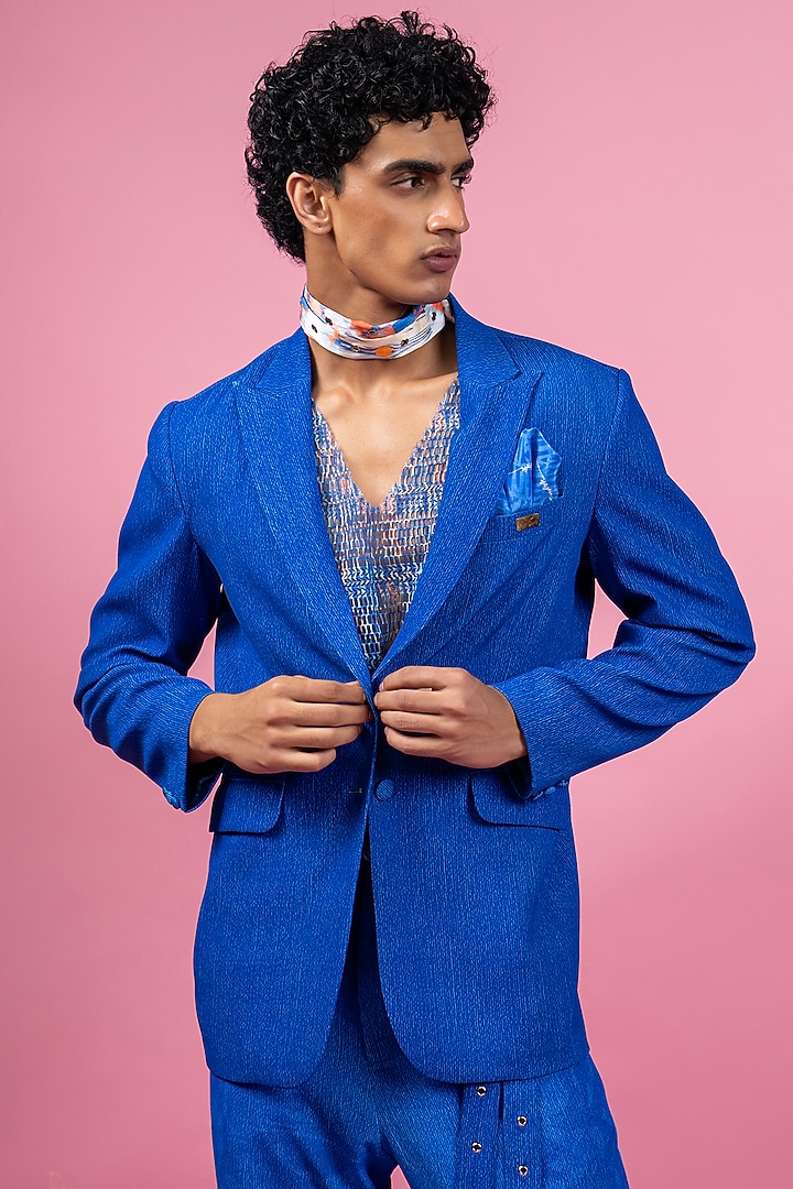 Blue French Twill Lycra Blazer Set by Mandira Wirk Men at Pernia's Pop Up Shop