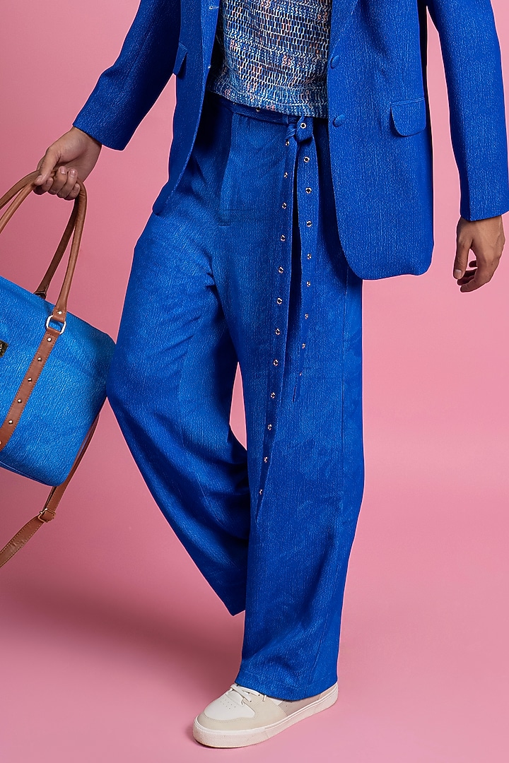 Blue French Twill Lycra Blazer Set by Mandira Wirk Men at Pernia's Pop Up Shop