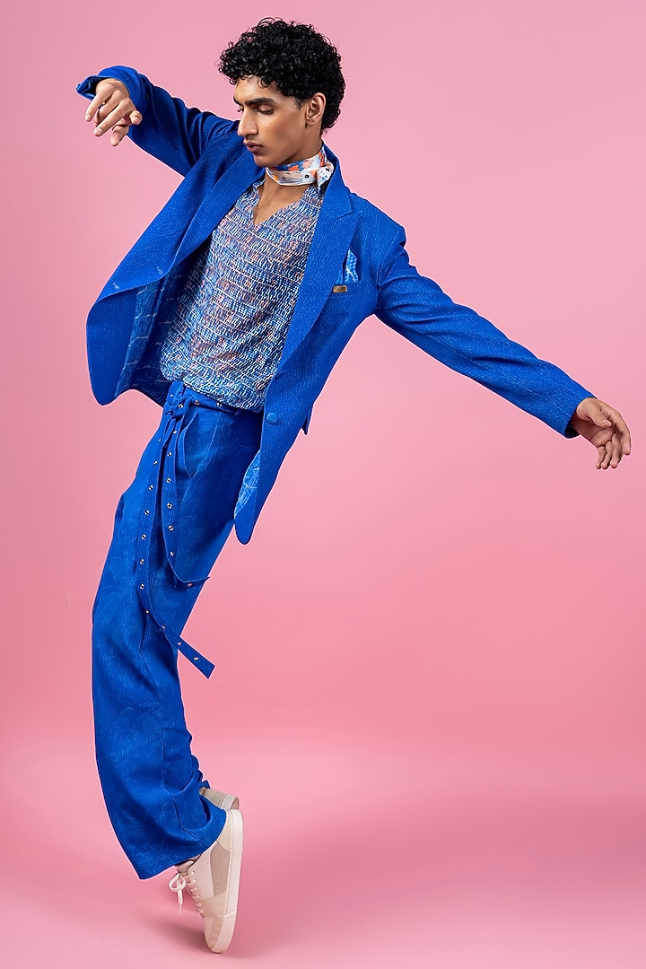 Blue French Twill Lycra Blazer Set by Mandira Wirk Men at Pernia's Pop Up Shop