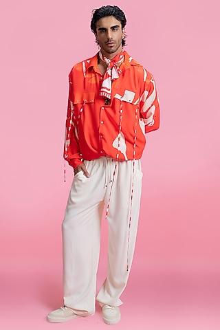 Red-White French Twill Lycra Co-Ord Set by Mandira Wirk Men