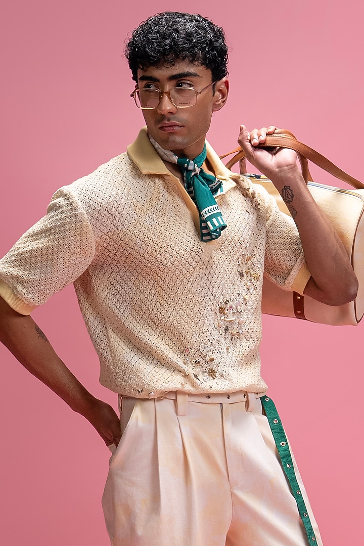 Ivory Cotton Lace & Cotton Denim Co-Ord Set by Mandira Wirk Men at Pernia's Pop Up Shop