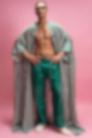 Green Chiffon Satin & Cotton Denim Pant Set by Mandira Wirk Men at Pernia's Pop Up Shop