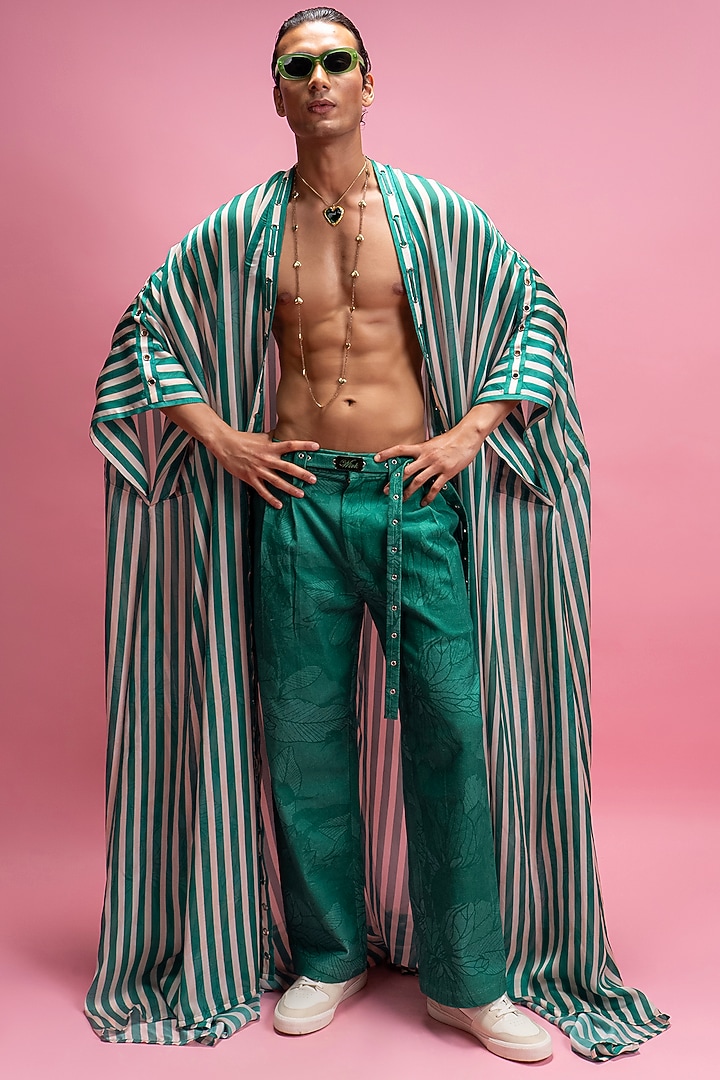 Green Chiffon Satin & Cotton Denim Pant Set by Mandira Wirk Men at Pernia's Pop Up Shop