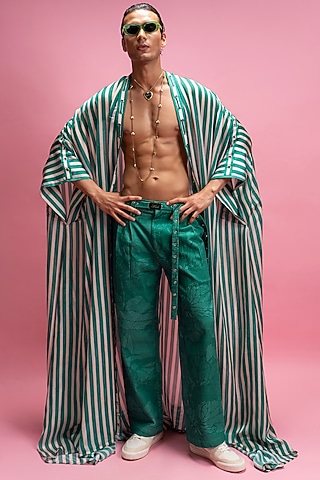 Green Chiffon Satin & Cotton Denim Pant Set by Mandira Wirk Men