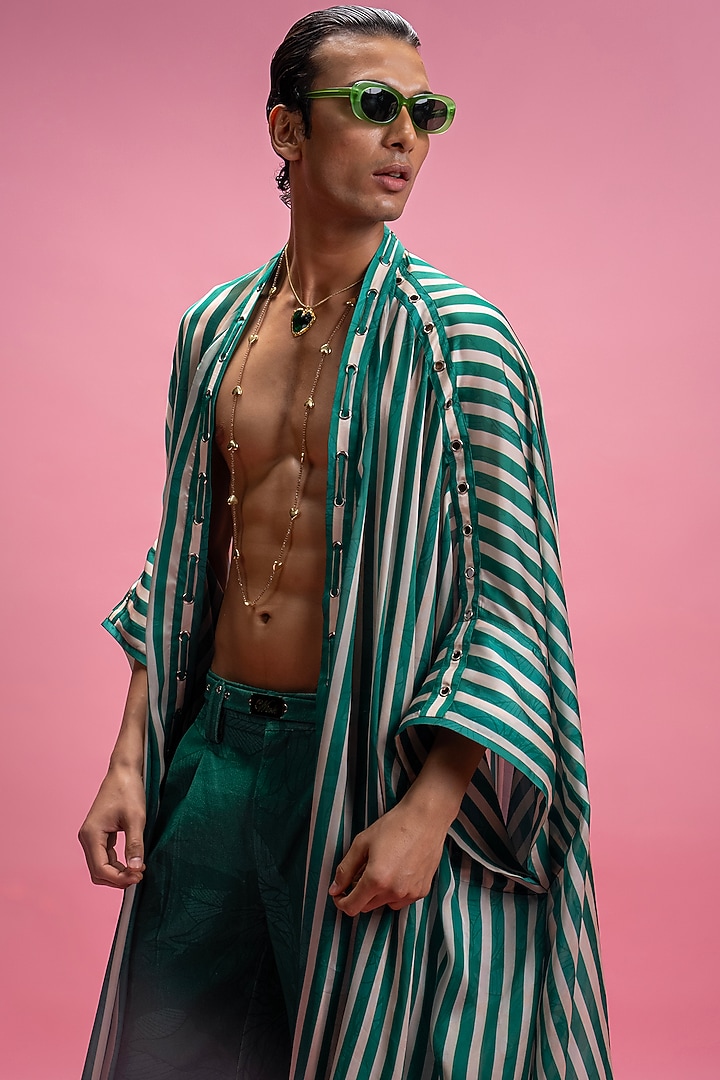 Green Chiffon Satin & Cotton Denim Pant Set by Mandira Wirk Men at Pernia's Pop Up Shop