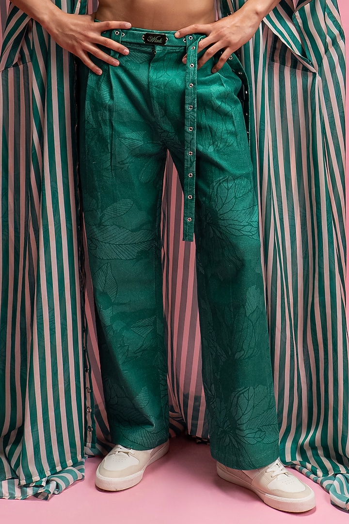 Green Chiffon Satin & Cotton Denim Pant Set by Mandira Wirk Men at Pernia's Pop Up Shop