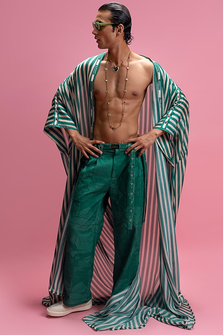 Green Chiffon Satin & Cotton Denim Pant Set by Mandira Wirk Men at Pernia's Pop Up Shop