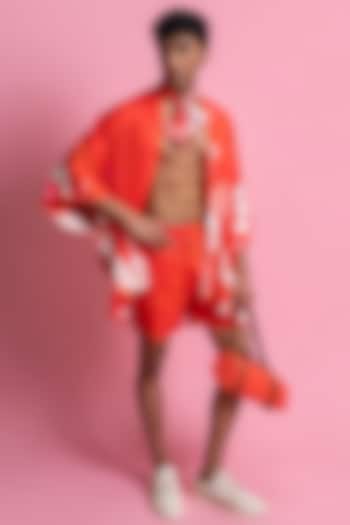 Red Chevron Satin Co-Ord Set by Mandira Wirk Men at Pernia's Pop Up Shop