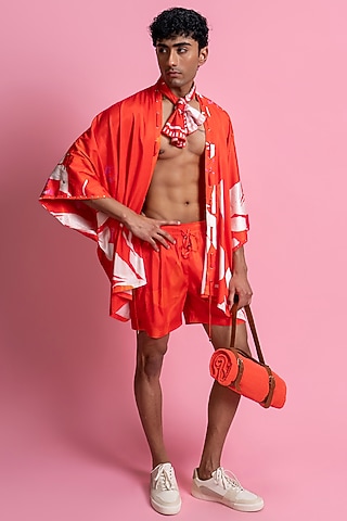 Red Chevron Satin Co-Ord Set by Mandira Wirk Men