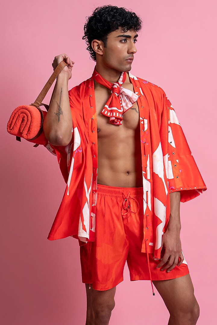 Red Chevron Satin Co-Ord Set by Mandira Wirk Men at Pernia's Pop Up Shop