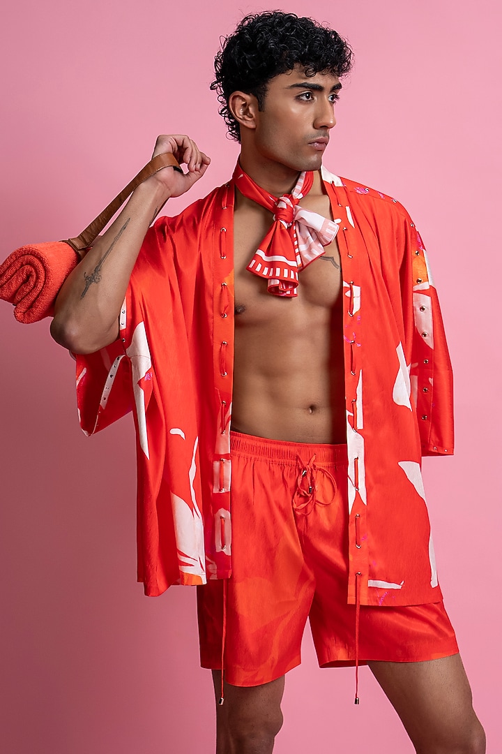 Red Chevron Satin Co-Ord Set by Mandira Wirk Men at Pernia's Pop Up Shop