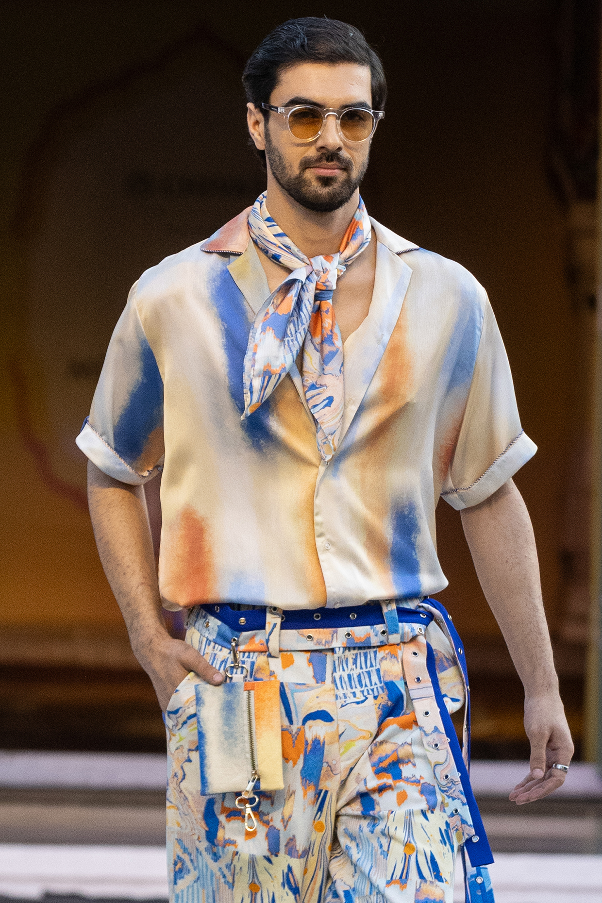 Yellow Chiffon Printed Shirt by Mandira Wirk Men