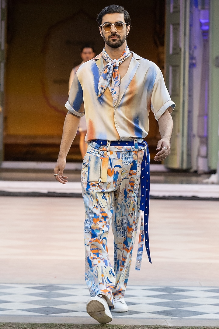 Yellow Chiffon Printed Party Wear Shirt by Mandira Wirk Men at Pernia's Pop Up Shop