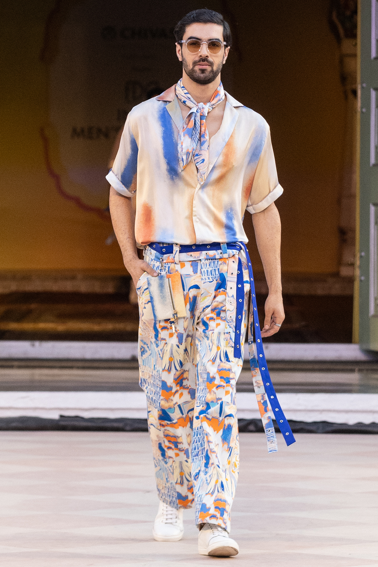 Yellow Denim Twill Printed Trousers by Mandira Wirk Men