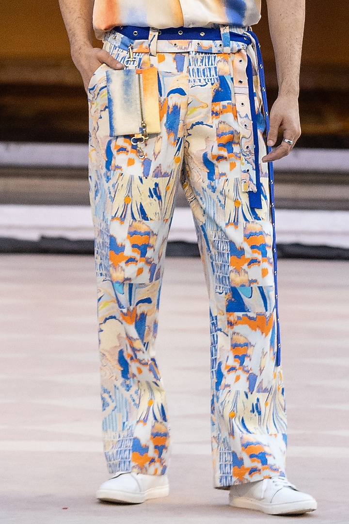 Yellow Denim Twill Printed Trousers by Mandira Wirk Men at Pernia's Pop Up Shop