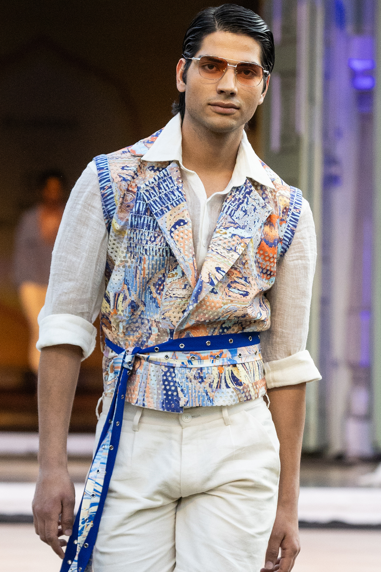 Yellow Foma Printed Short Jacket by Mandira Wirk Men