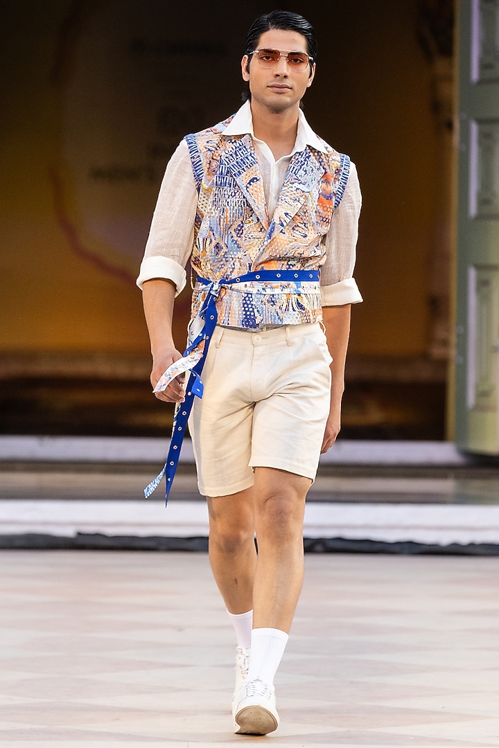 Yellow Foma Printed Short Jacket by Mandira Wirk Men at Pernia's Pop Up Shop