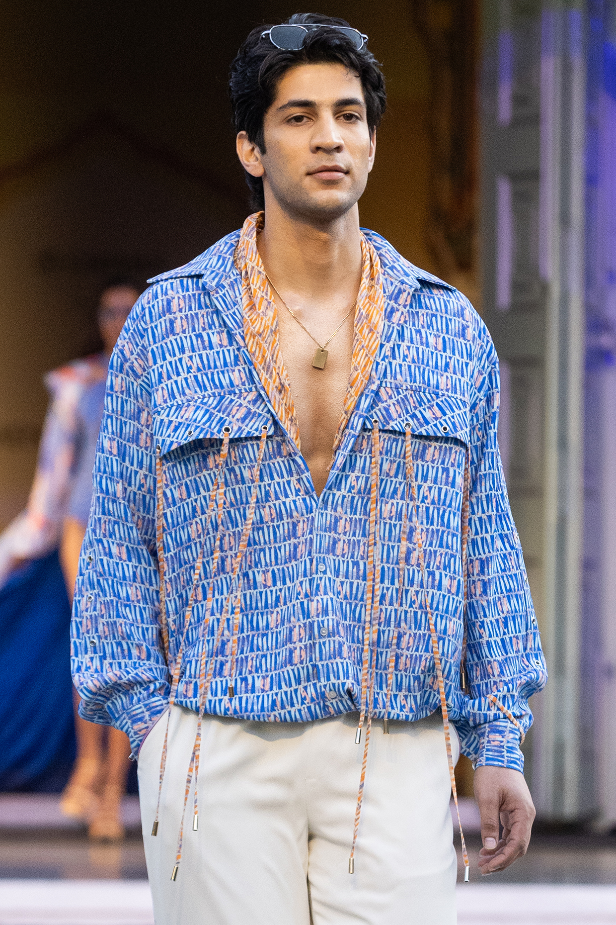 Blue Ocean French Twill Lycra Printed Shirt by Mandira Wirk Men