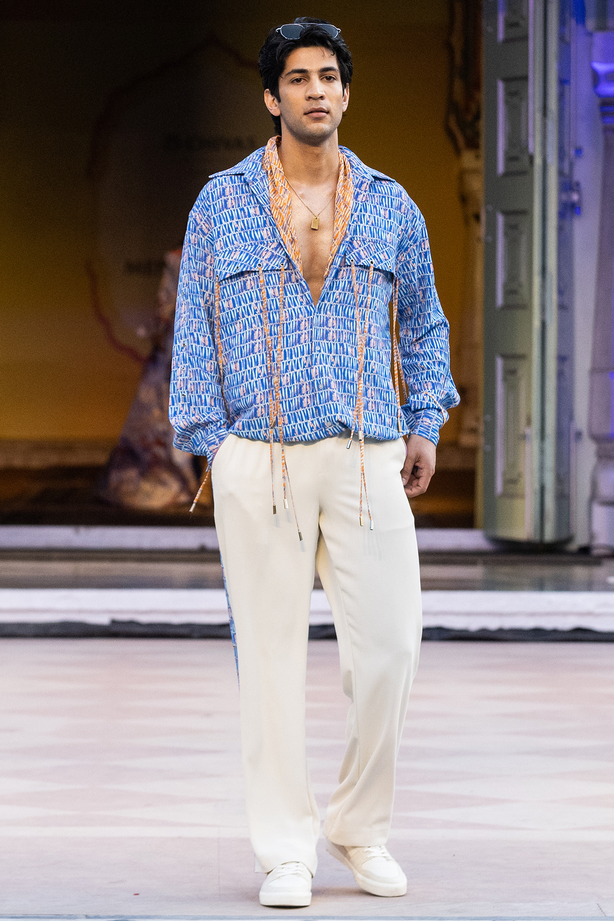 Ivory French Twill Lycra Trousers by Mandira Wirk Men