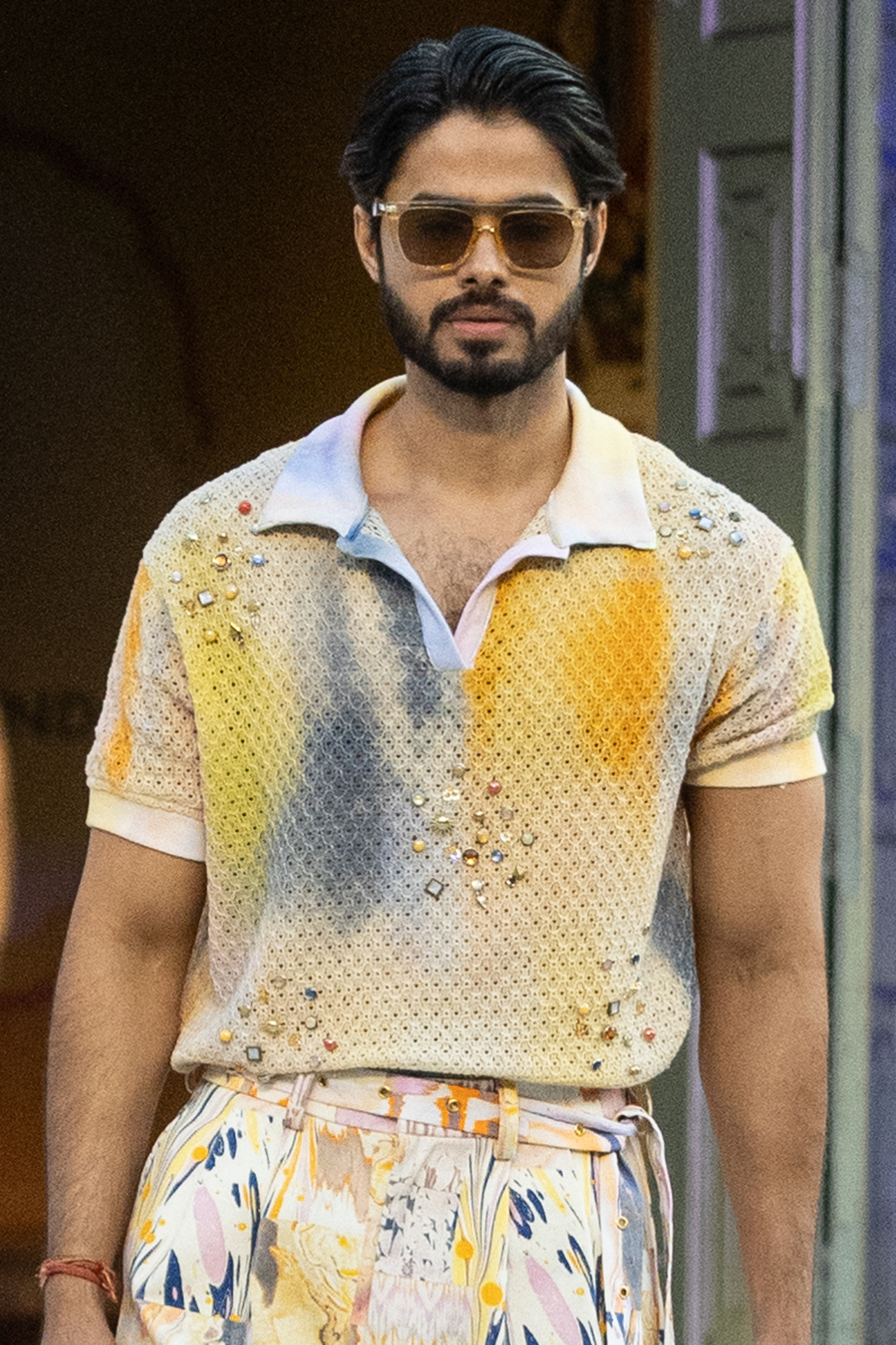 Yellow Cotton Mesh Stroke Printed T-Shirt by Mandira Wirk Men
