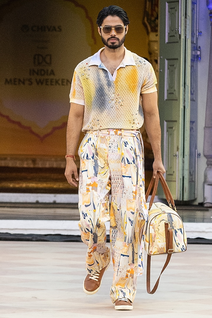 Yellow Cotton Mesh Stroke Printed T-Shirt by Mandira Wirk Men at Pernia's Pop Up Shop