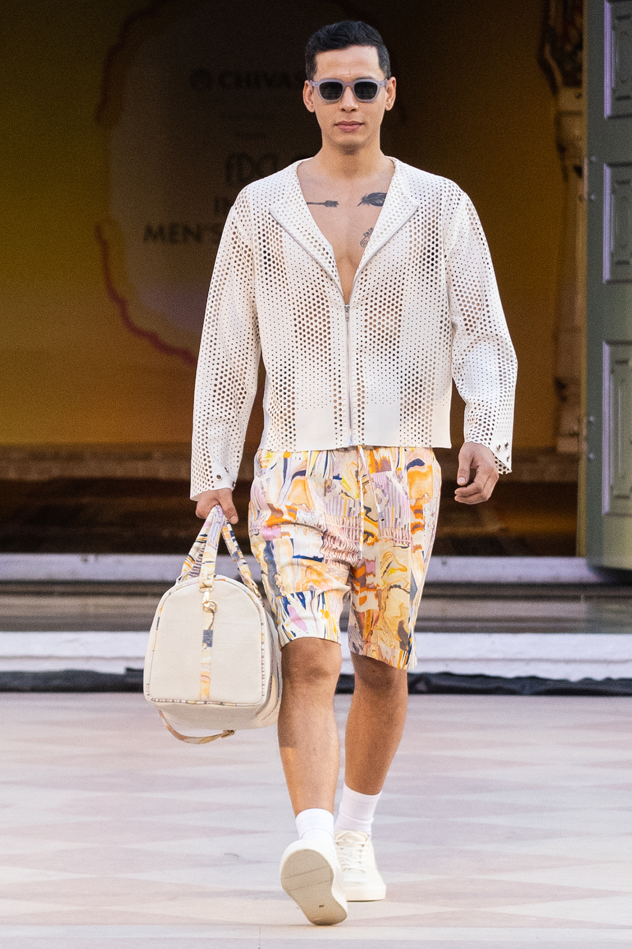 Yellow Denim Twill Printed Shorts by Mandira Wirk Men
