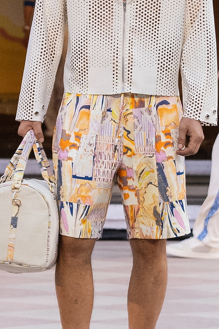 Yellow Denim Twill Printed Shorts by Mandira Wirk Men at Pernia's Pop Up Shop