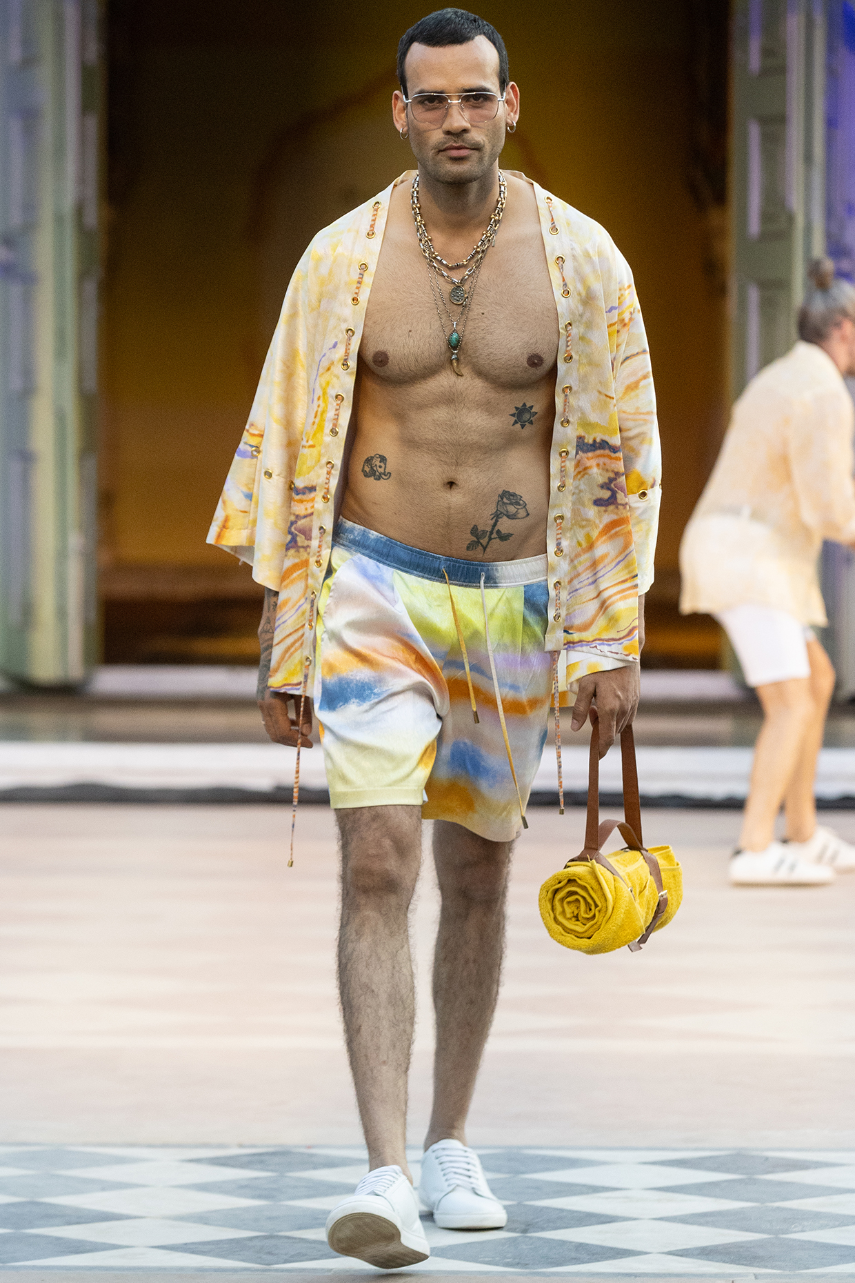 Yellow Textured Satin Printed Co-Ord Set by Mandira Wirk Men