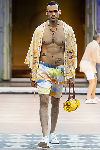 Yellow Textured Satin Printed Co-Ord Set by Mandira Wirk Men