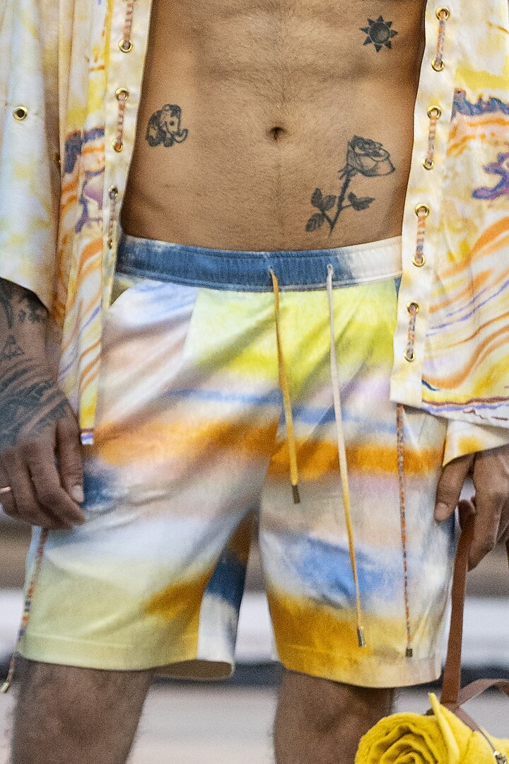 Yellow Textured Satin Printed Co-Ord Set by Mandira Wirk Men at Pernia's Pop Up Shop