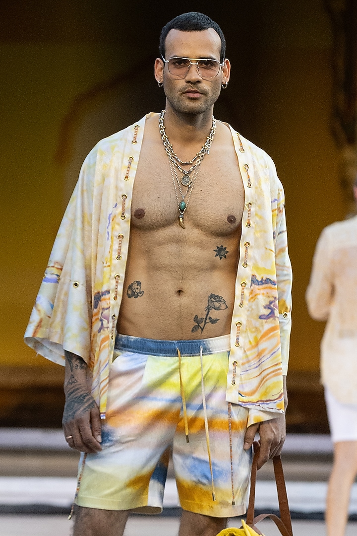 Yellow Textured Satin Printed Co-Ord Set by Mandira Wirk Men at Pernia's Pop Up Shop