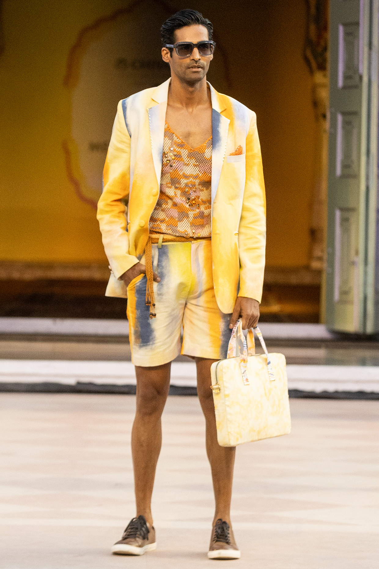 Yellow Linen Printed Blazer Set by Mandira Wirk Men