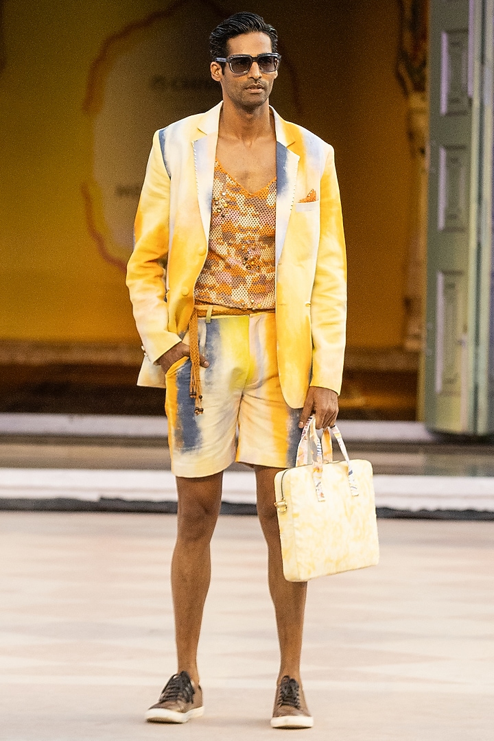 Yellow Cotton Mesh Vest by Mandira Wirk Men at Pernia's Pop Up Shop