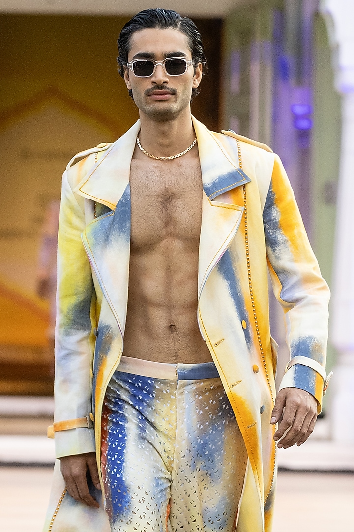 Yellow Linen Long Jacket by Mandira Wirk Men at Pernia's Pop Up Shop