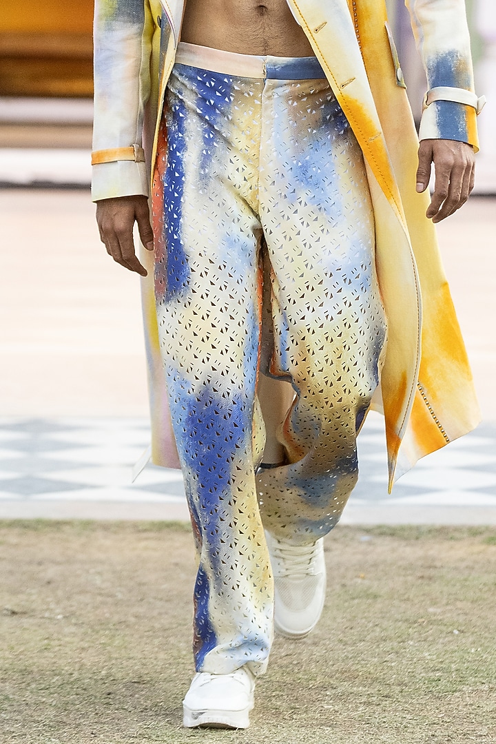 Yellow Foma Fabric Printed Trousers by Mandira Wirk Men at Pernia's Pop Up Shop