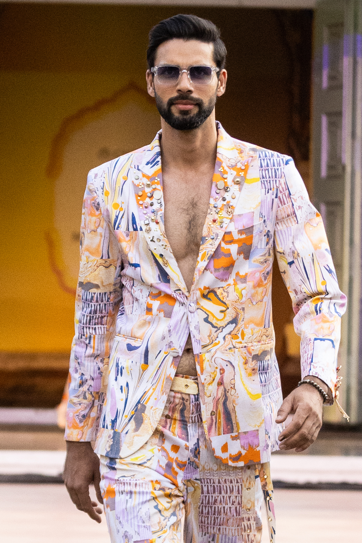 Yellow Cotton Satin Lycra Printed Jacket by Mandira Wirk Men