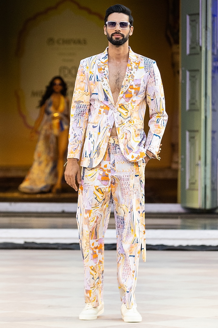 Yellow Cotton Satin Lycra Printed Jacket by Mandira Wirk Men at Pernia's Pop Up Shop