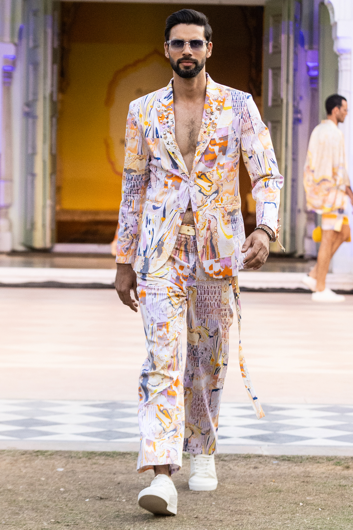 Yellow Cotton Satin Lycra Printed Trousers by Mandira Wirk Men
