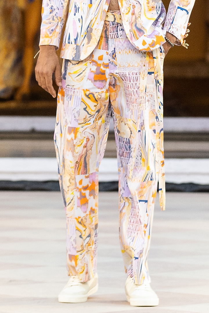 Yellow Cotton Satin Lycra Printed Trousers by Mandira Wirk Men at Pernia's Pop Up Shop