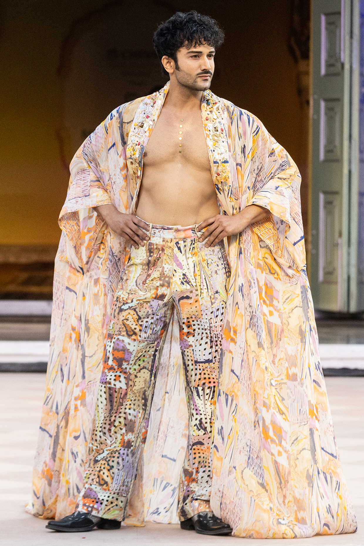 Yellow Chiffon Embroidered Flared Jacket by Mandira Wirk Men