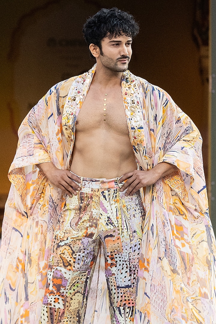 Yellow Chiffon Embroidered Flared Jacket by Mandira Wirk Men at Pernia's Pop Up Shop