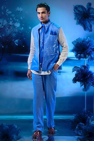 Sapphire Blue Chanderi & Linen Printed Waistcoat Set by Mandira Wirk Men