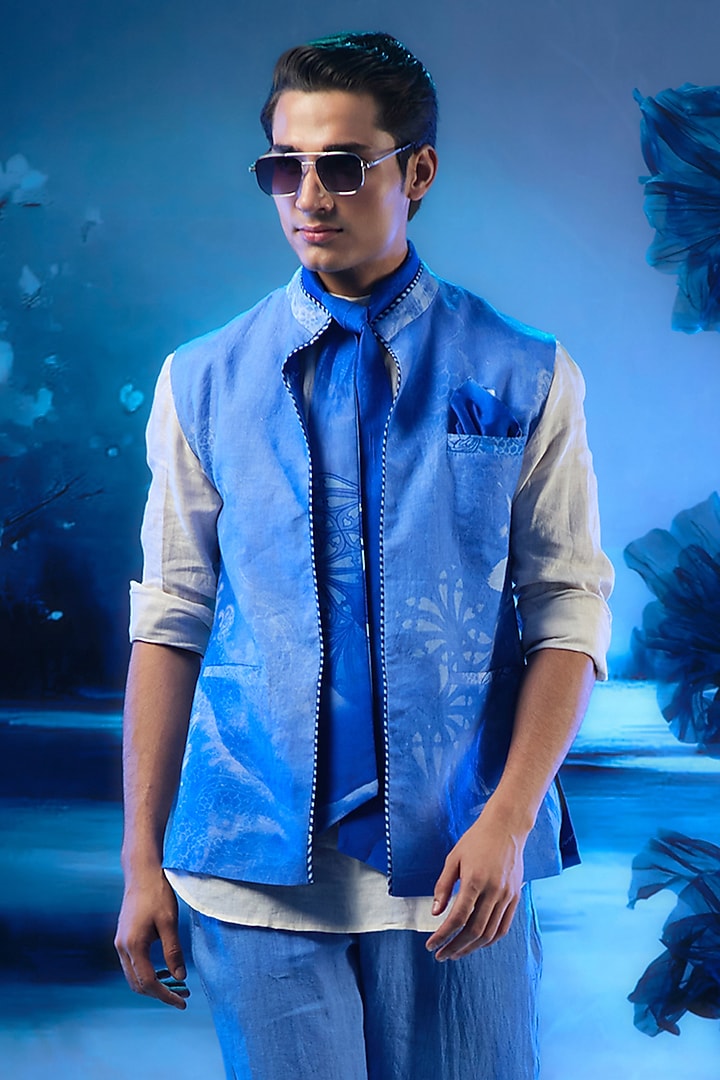Sapphire Blue Chanderi & Linen Printed Waistcoat Set by Mandira Wirk Men at Pernia's Pop Up Shop