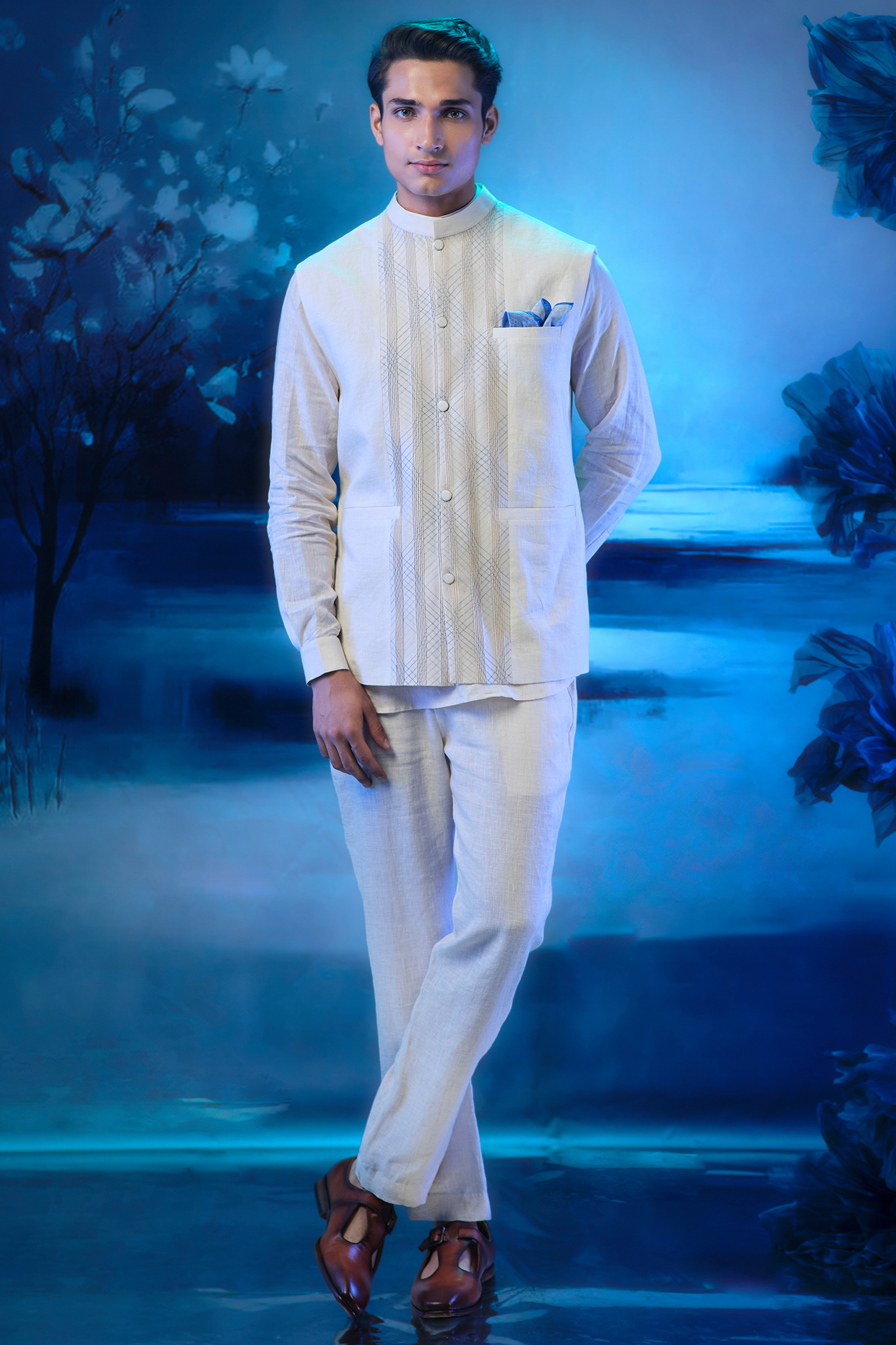 Ivory Chanderi & Linen Nehru Jacket Set by Mandira Wirk Men