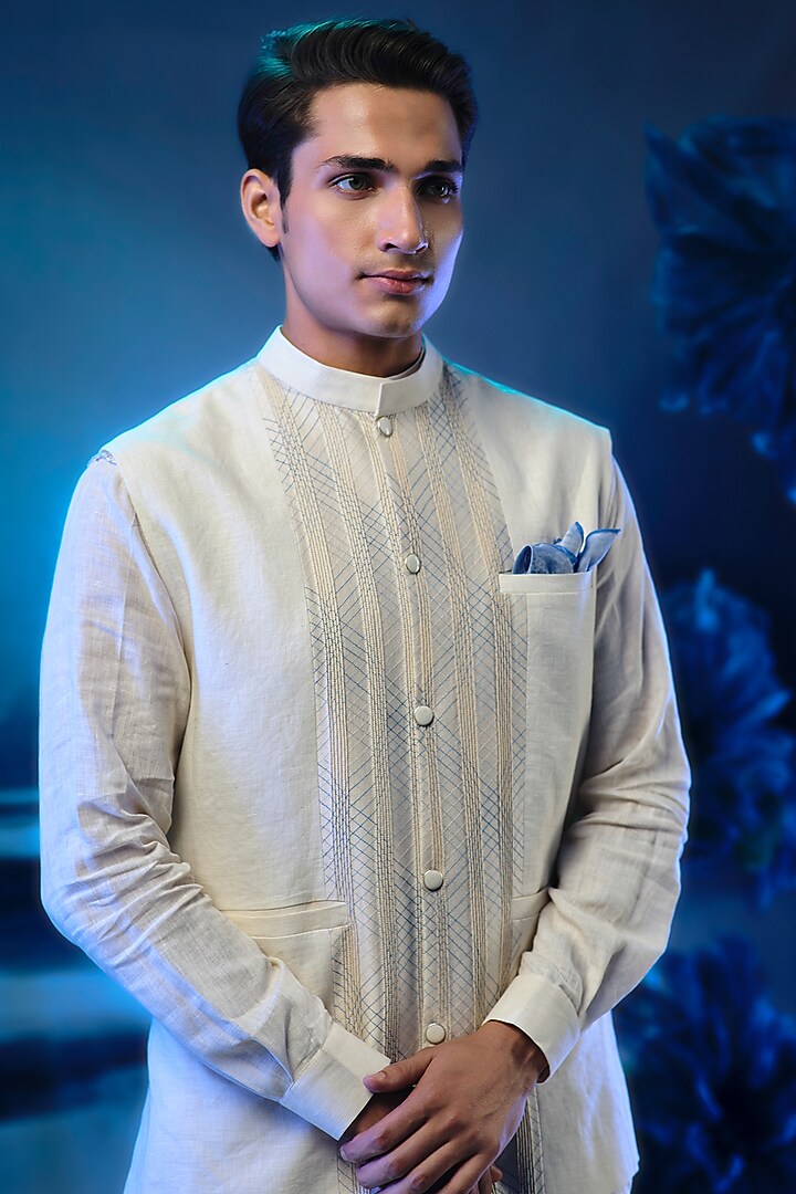 Ivory Chanderi & Linen Nehru Jacket Set by Mandira Wirk Men at Pernia's Pop Up Shop