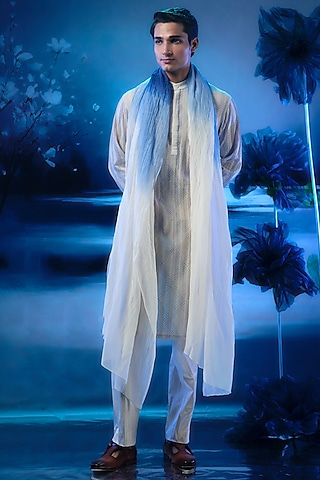 Ivory Chanderi & Linen Embroidered Kurta Set by Mandira Wirk Men