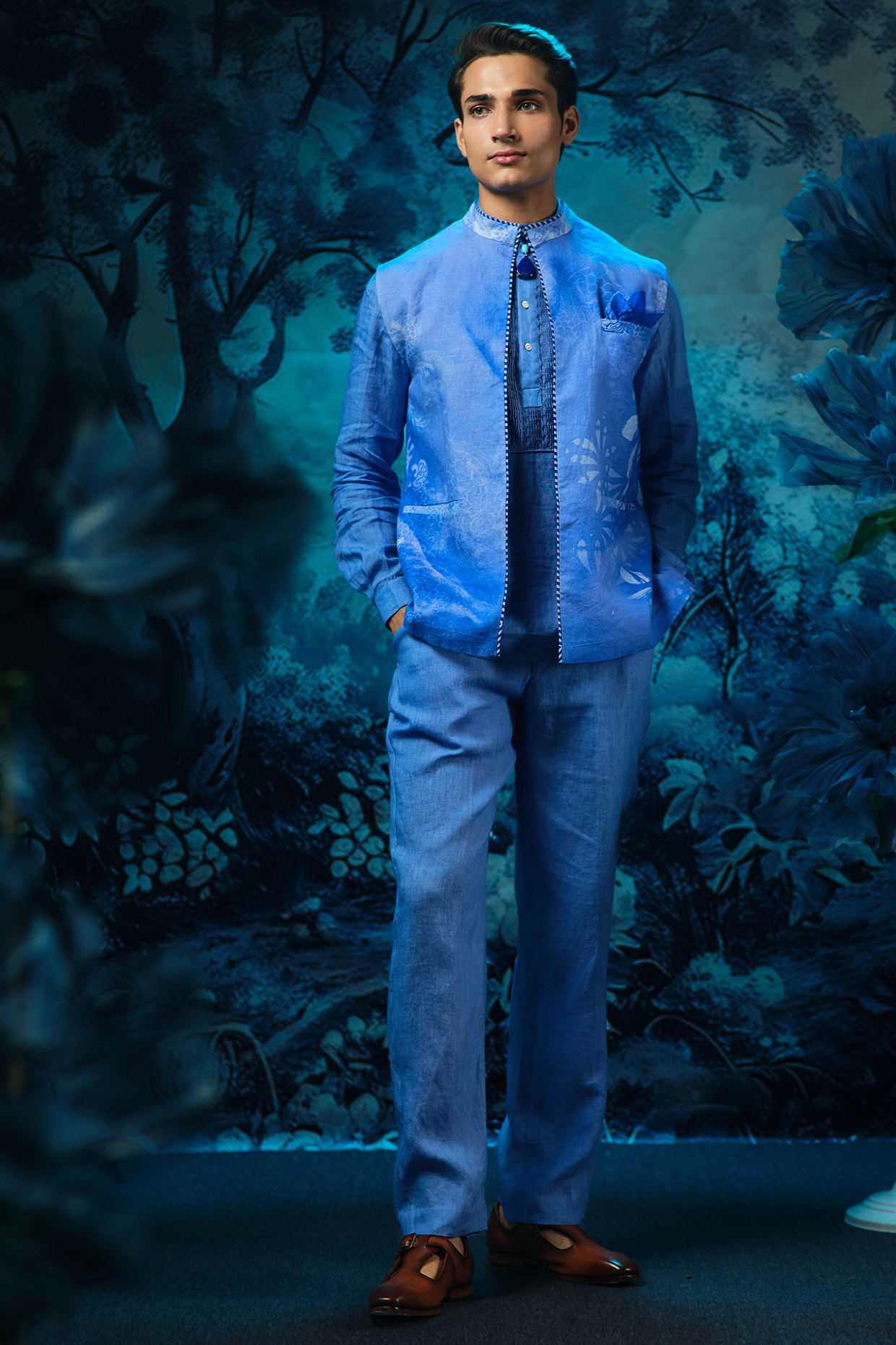 Indigo Blue Chanderi & Linen Printed Waistcoat Set by Mandira Wirk Men