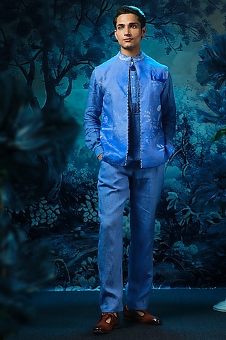 Indigo Blue Chanderi & Linen Printed Waistcoat Set by Mandira Wirk Men