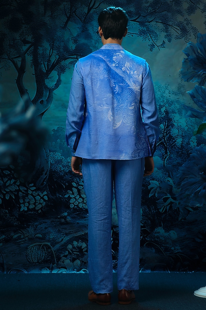 Indigo Blue Chanderi & Linen Printed Waistcoat Set by Mandira Wirk Men at Pernia's Pop Up Shop