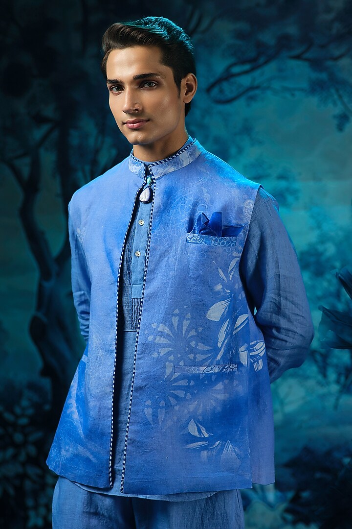 Indigo Blue Chanderi & Linen Printed Waistcoat Set by Mandira Wirk Men at Pernia's Pop Up Shop